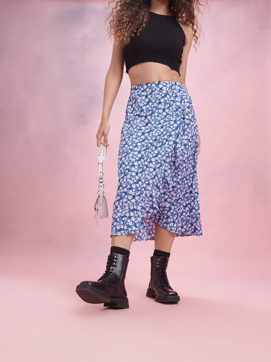 

DressBerry Floral Print Ruffled Tulip Skirt, Blue