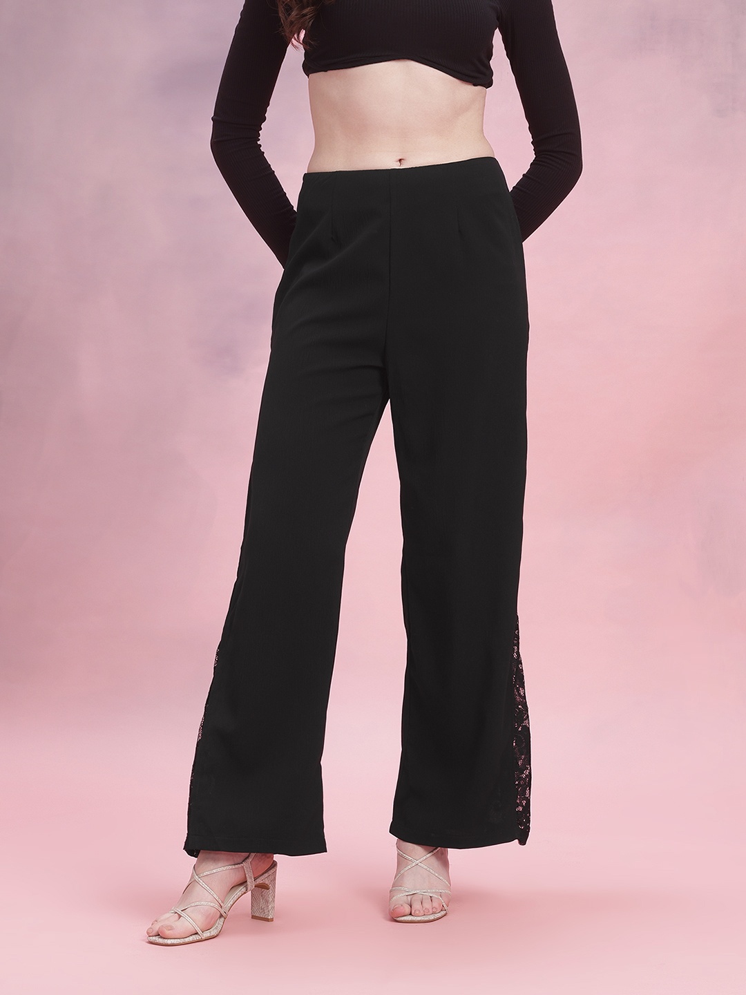 

DressBerry Women Flared Trousers with Lace-Detail, Black