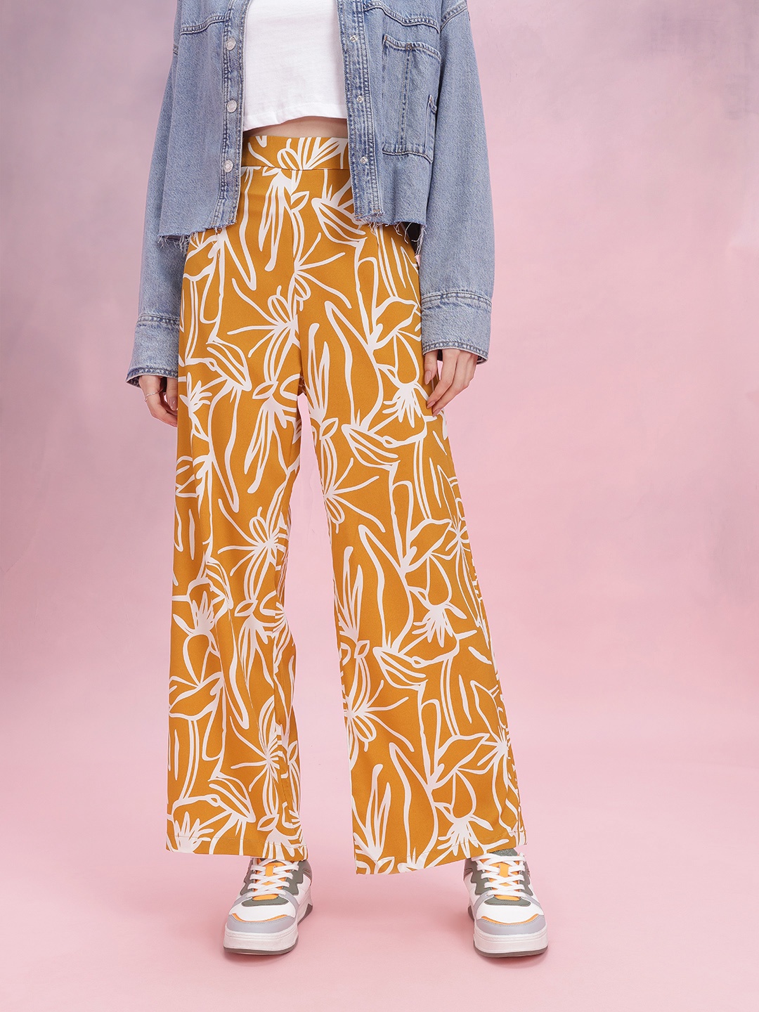 

DressBerry Women Floral Printed High-Rise Trousers, Mustard