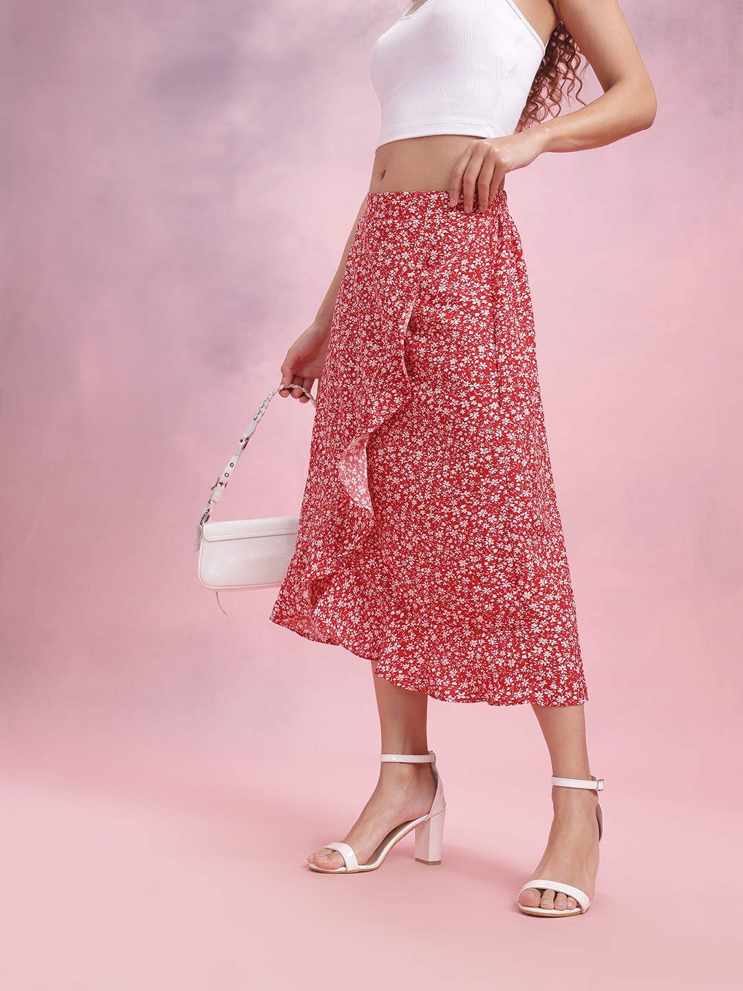 

DressBerry Floral Print Ruffled Tulip Skirt, Red