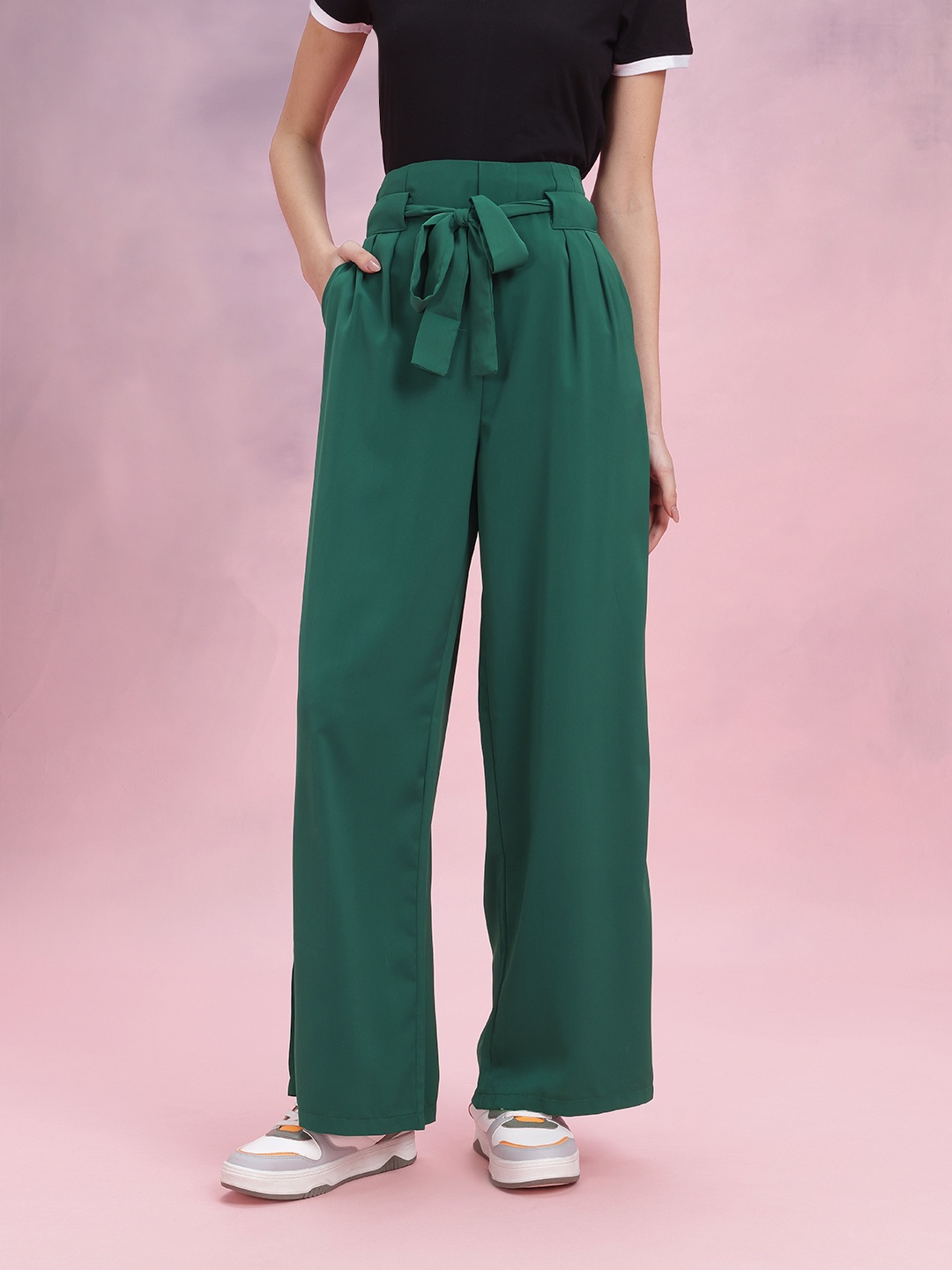 

DressBerry Women High-Rise Pleated Trousers Comes With a Belt, Green