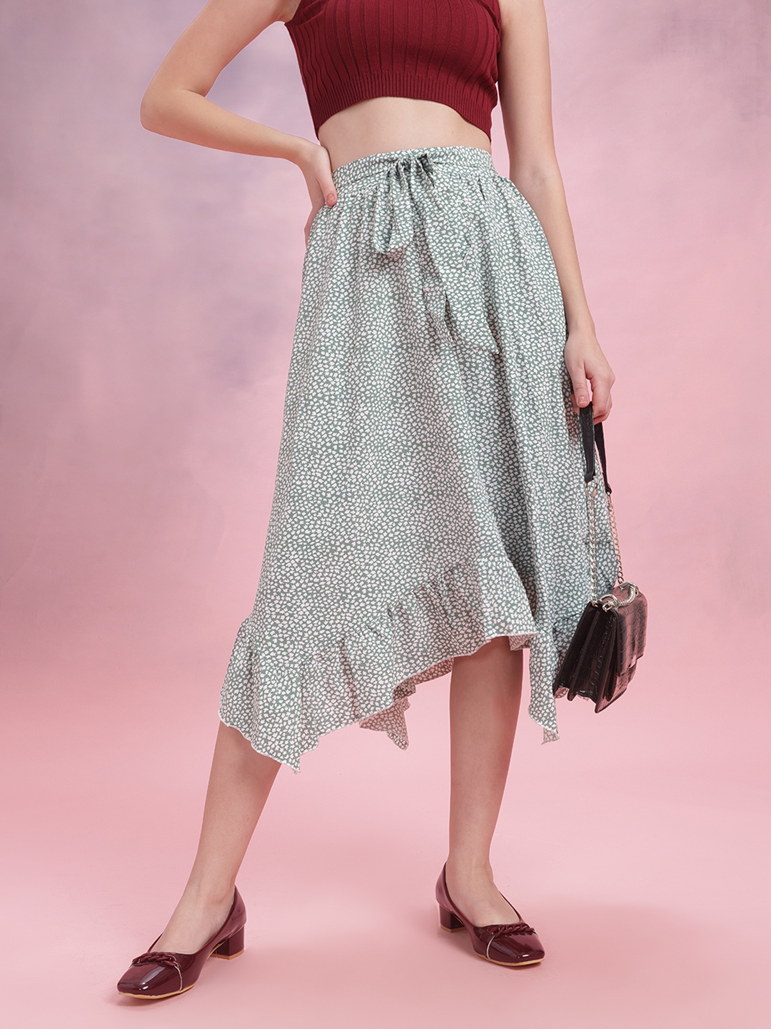 

DressBerry Ruffled Micro Ditsy Print Flared Midi Skirt with Belt, Green