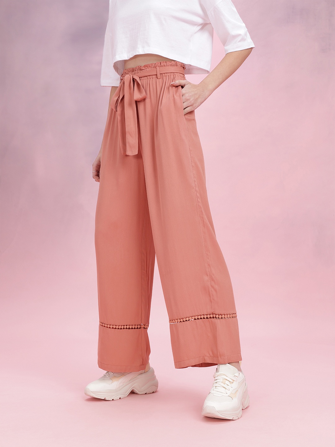 

DressBerry Women High-Rise Pleated Trousers Comes With a Belt, Peach