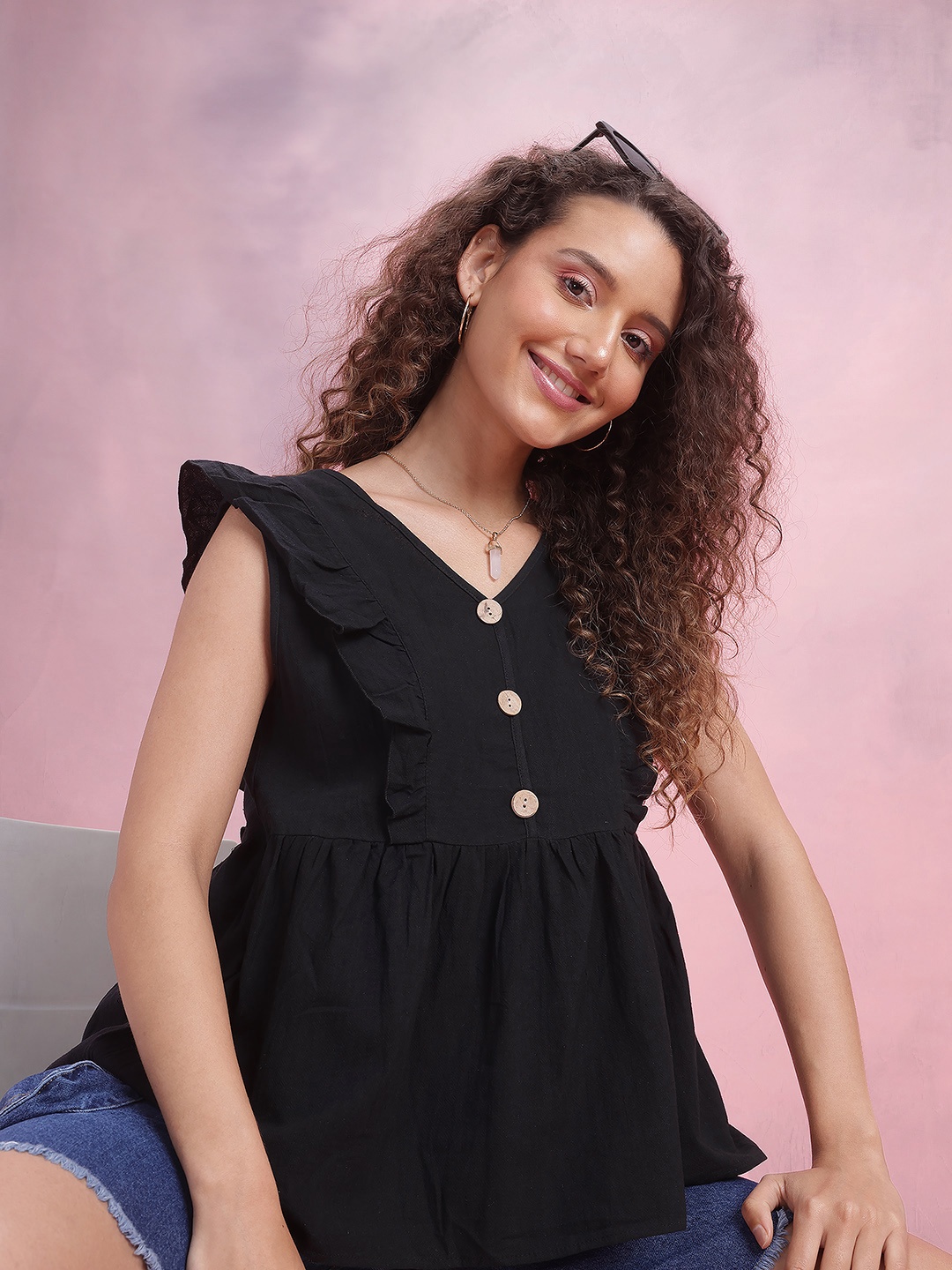 

DressBerry Button Detail Ruffles A-Line Top, Black