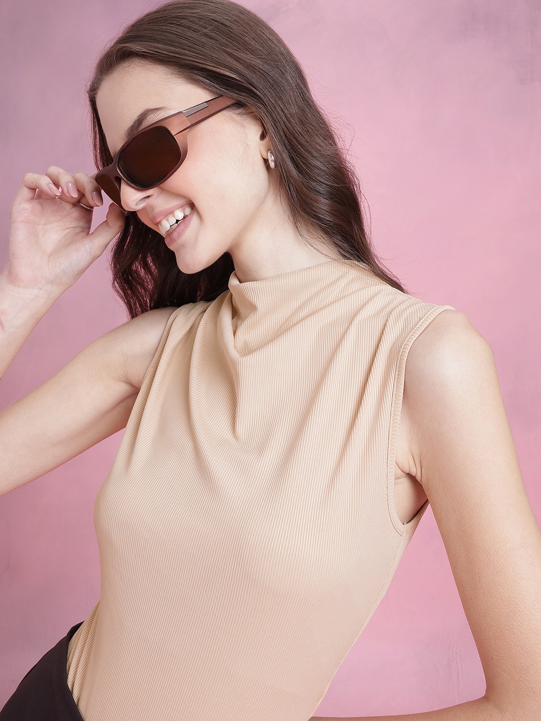 

DressBerry Ribbed High Neck Bodysuit, Beige
