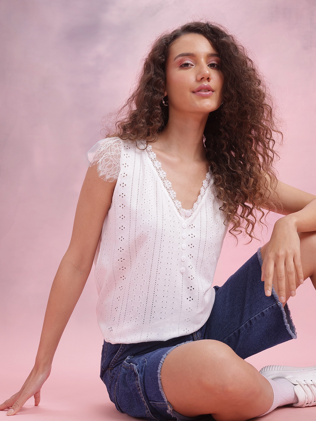 

DressBerry Lace Flutter Sleeves Schiffli Design Top, White
