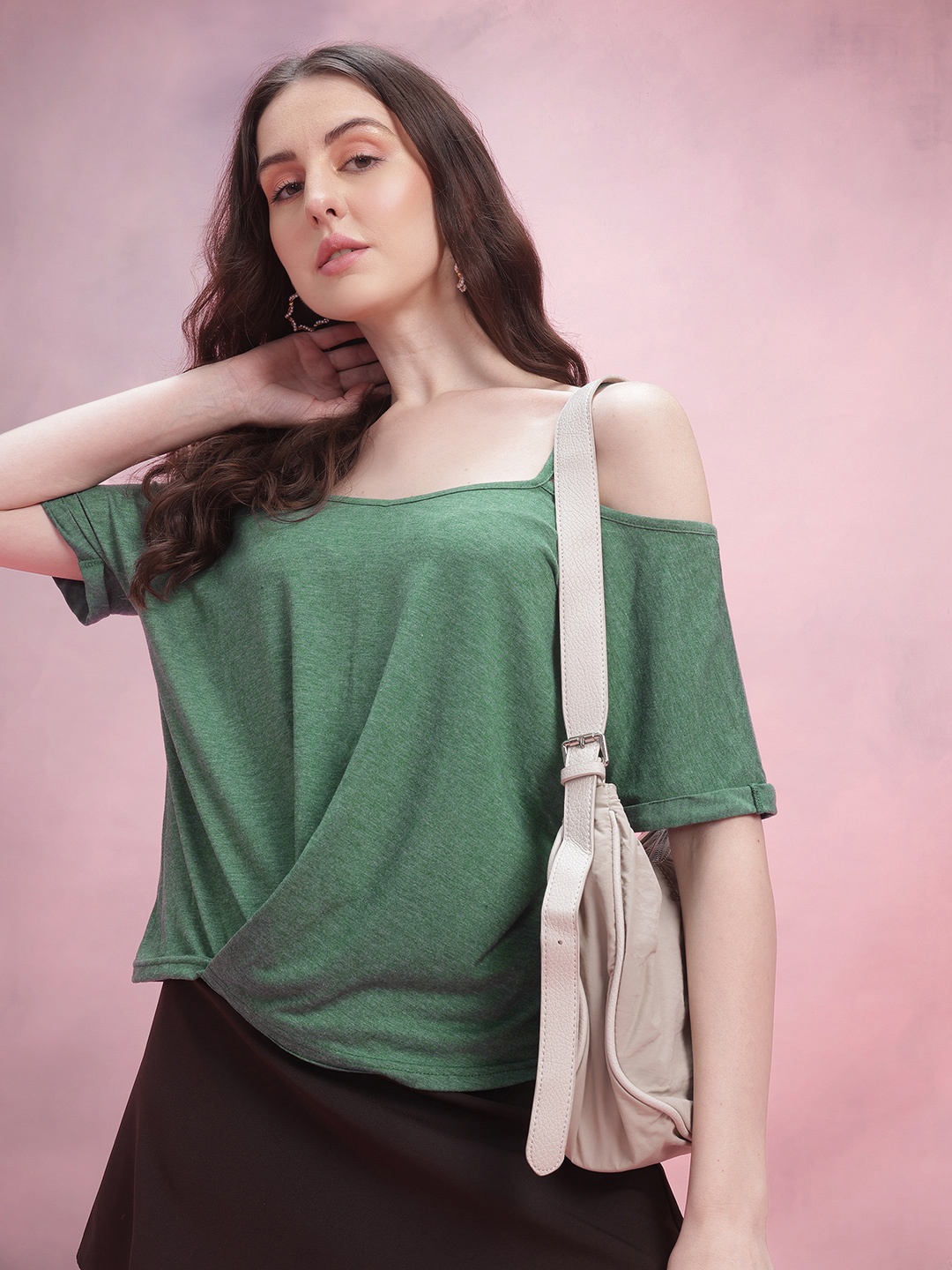 

DressBerry Cold-Shoulder Gathered Top, Green