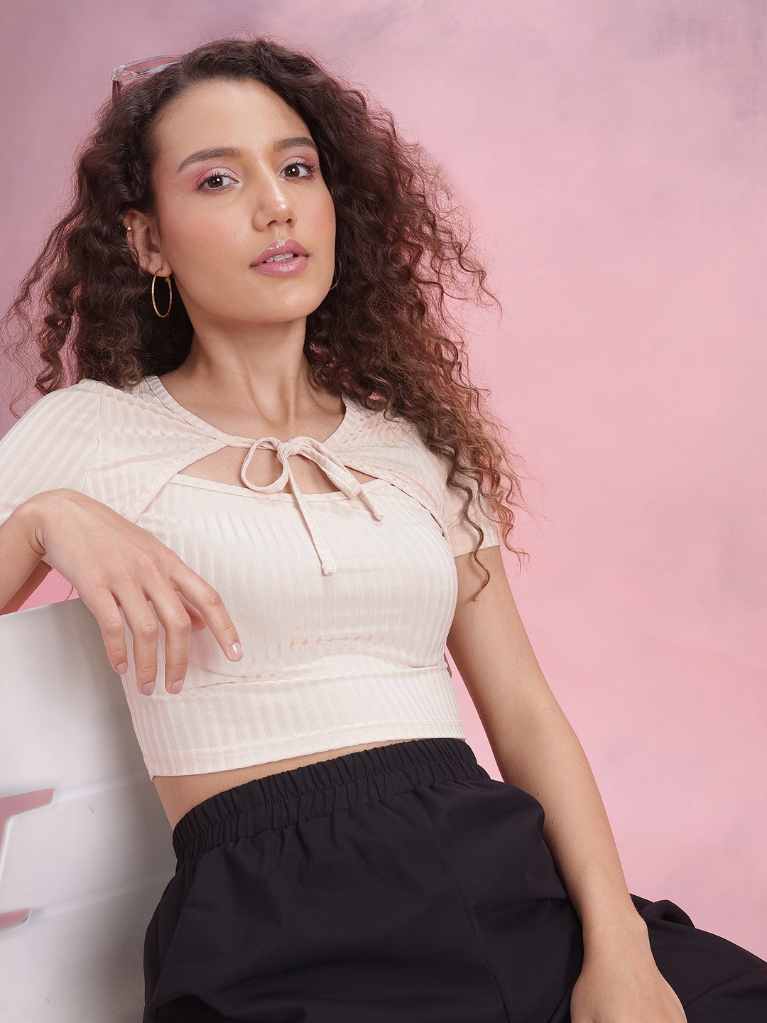

DressBerry Tie-Ups Shrug Detail Crop Top, Beige