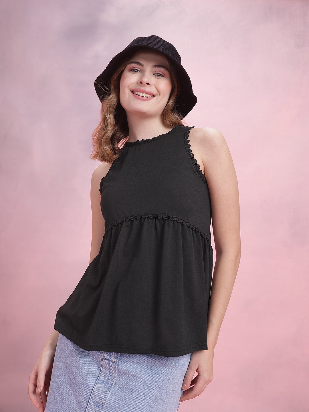 

DressBerry Lace Inserts Detail Empire Top, Black