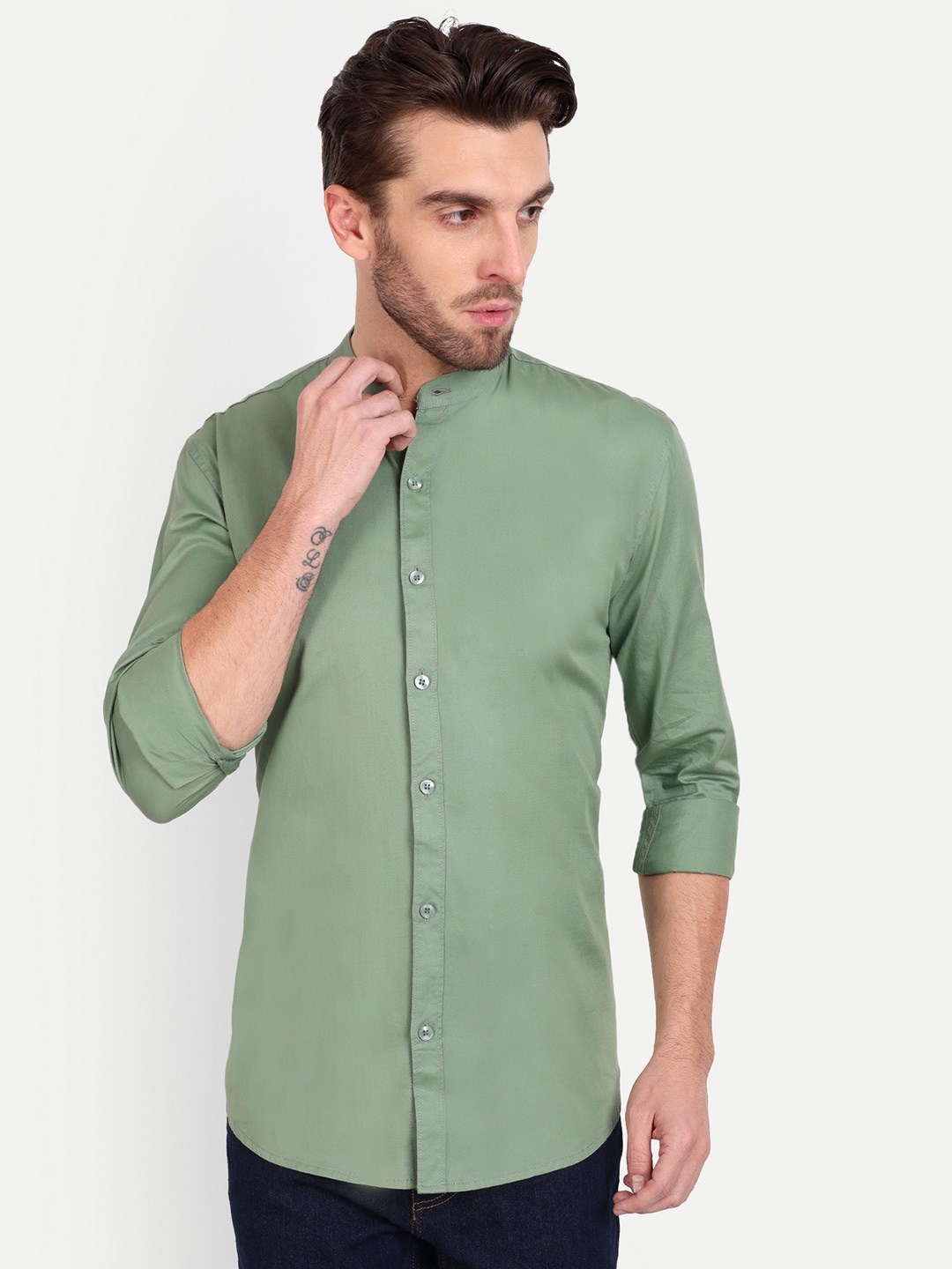 

MEGHZ Men Slim Fit Opaque Casual Shirt, Green