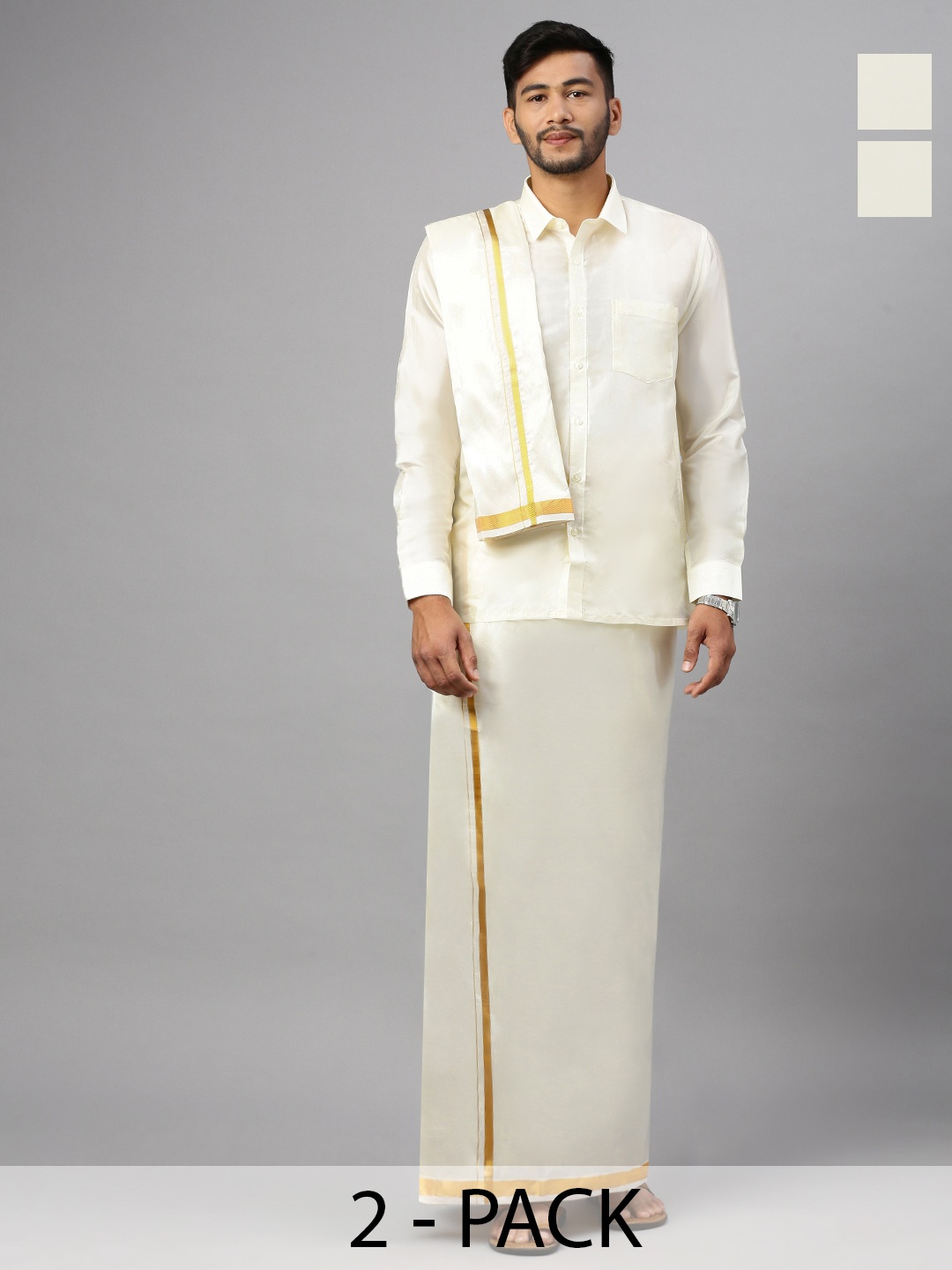 

RAMRAJ Pack of 2 Men Cotton Dhoti with Jari border, Cream