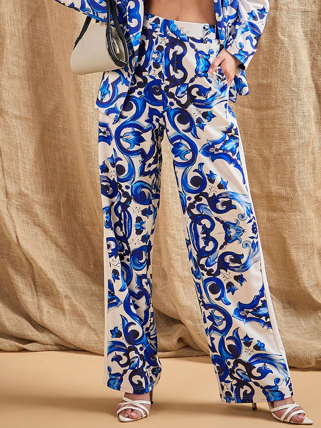 

SASSAFRAS Women Ethnic Motifs Printed Relaxed Straight Leg Straight Fit High-Rise Trousers, Blue