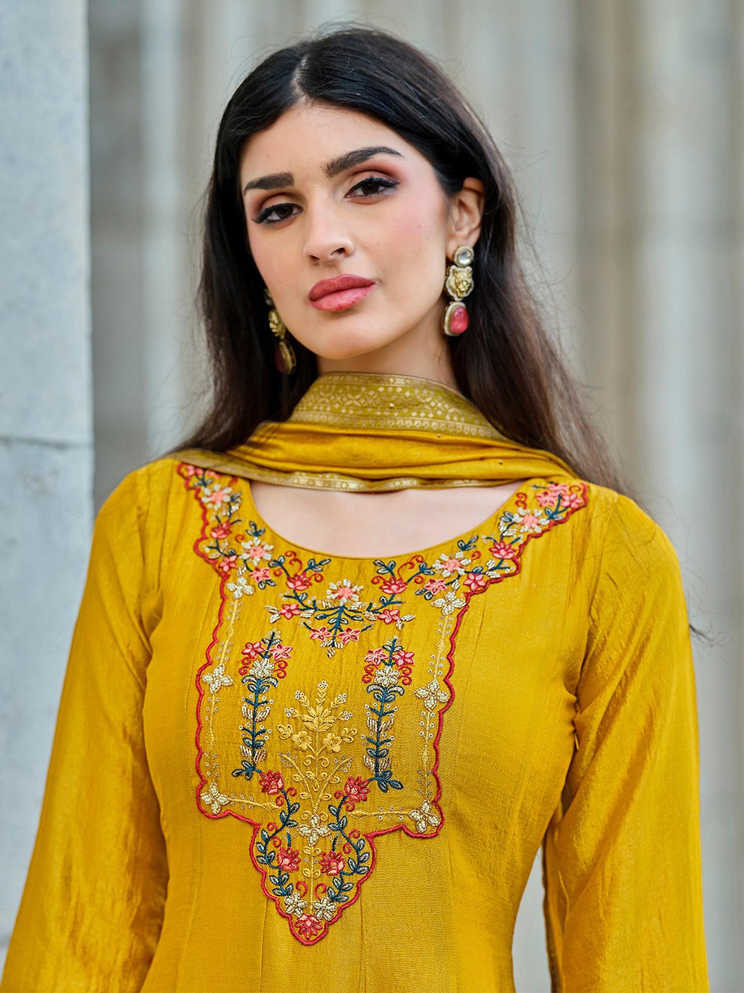 

MOJILAA Women Floral Embroidered Empire Beads and Stones Kurta with Trousers & With Dupatta, Mustard