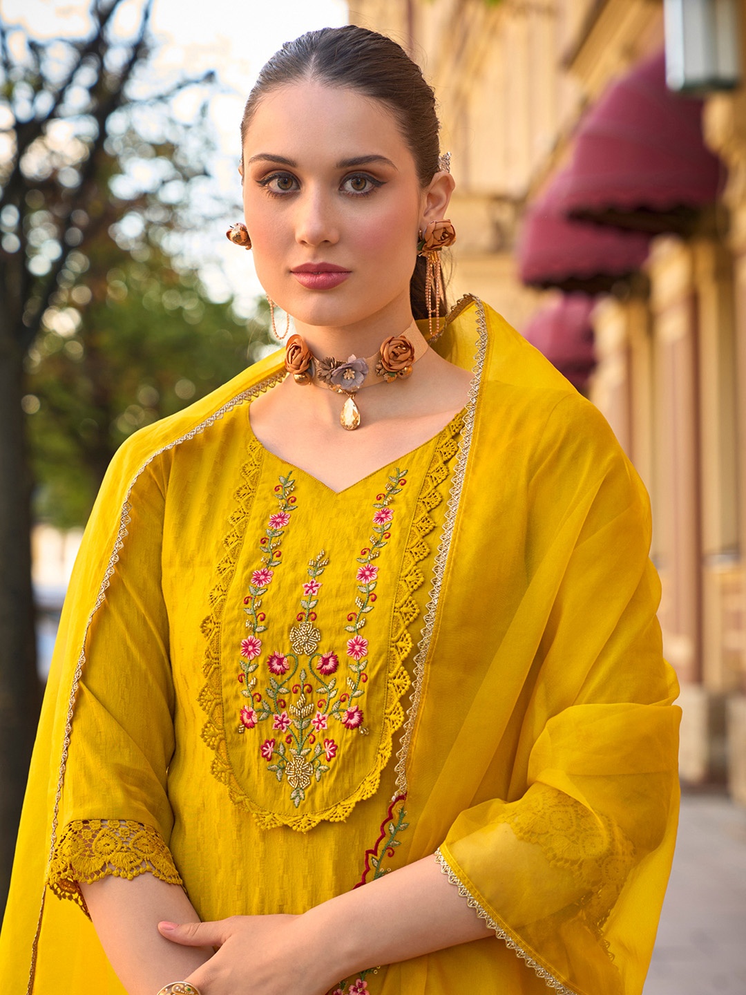 

MOJILAA Women Floral Embroidered Regular Beads and Stones Kurta with Salwar & With Dupatta, Mustard