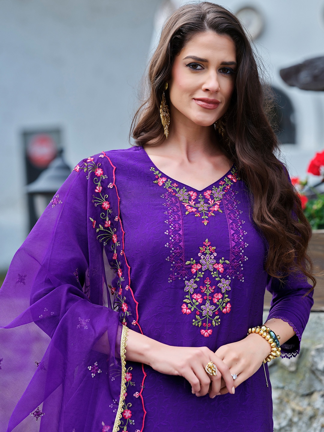 

MOJILAA Women Floral Embroidered Regular Beads and Stones Kurta with Dhoti Pants, Purple
