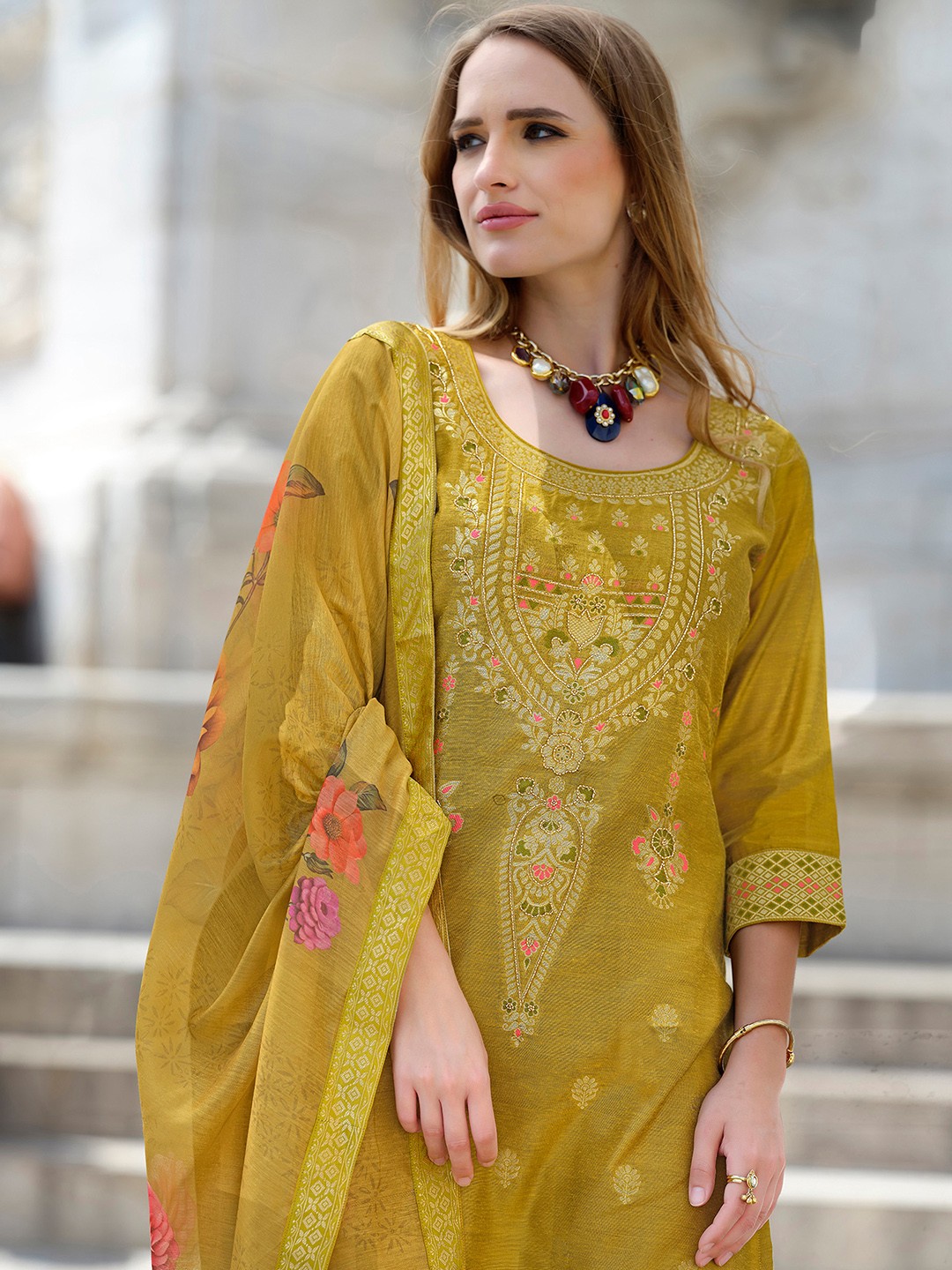 

MOJILAA Women Ethnic Motifs Regular Beads and Stones Chanderi Silk Kurta with Trousers, Lime green