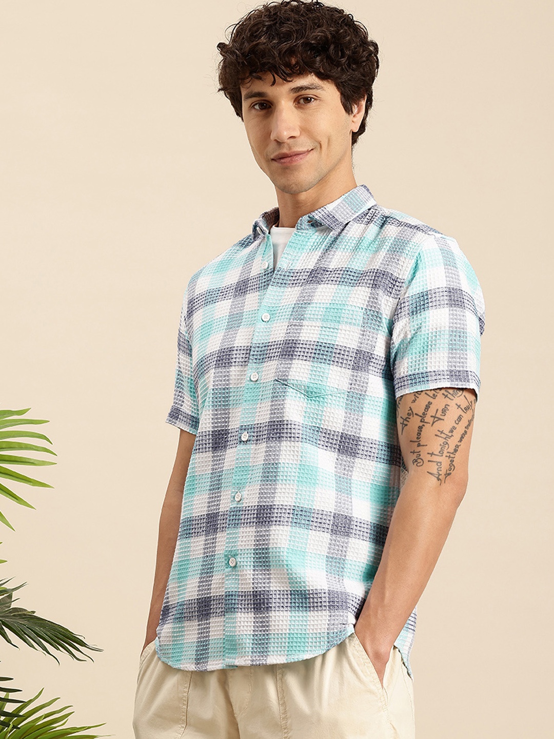 

Mast & Harbour Men Slim Fit Checked Casual Shirt, Blue