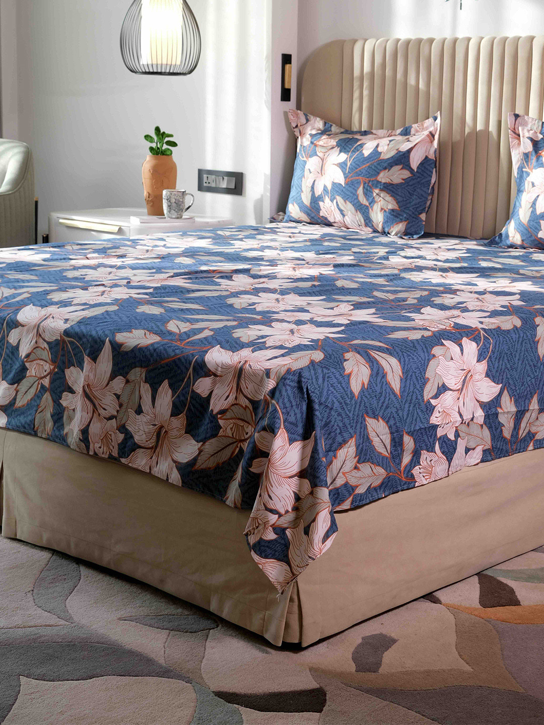

Pure Decor Blue & Green Floral 300 TC Cotton Queen Bedsheet with 2 Pillow Covers