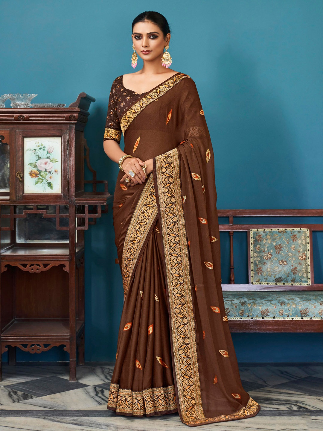 

CHUDIYA Ethnic Motif Pure Chiffon Saree, Brown