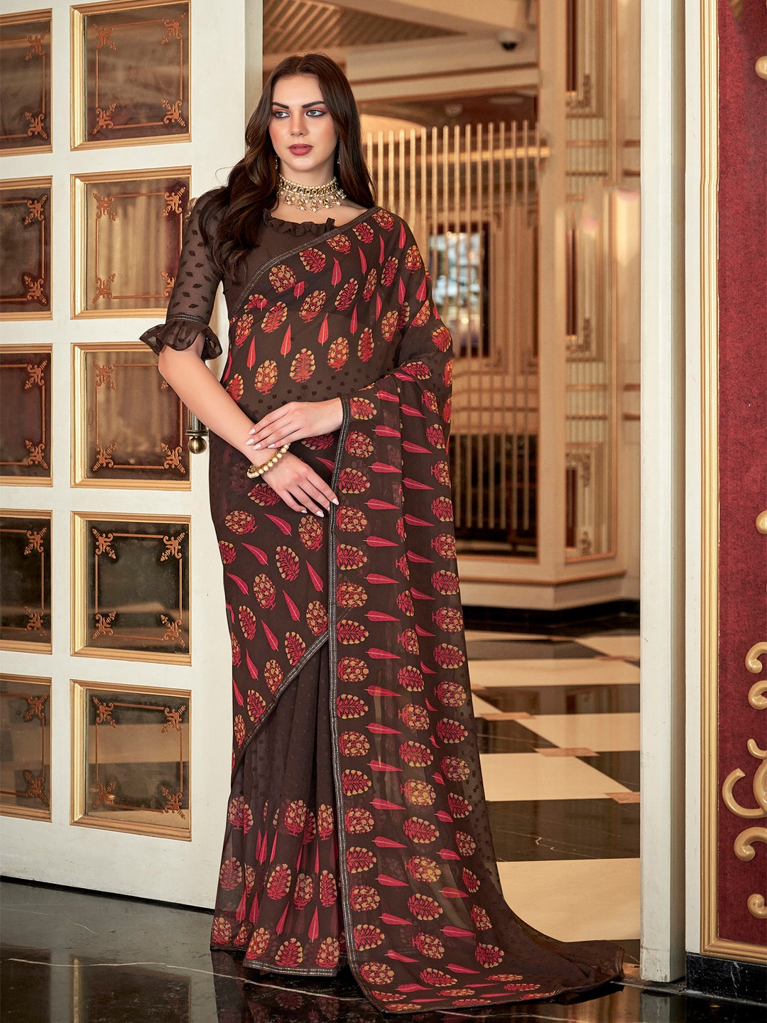 

CHUDIYA Ethnic Motifs Pure Georgette Saree, Brown