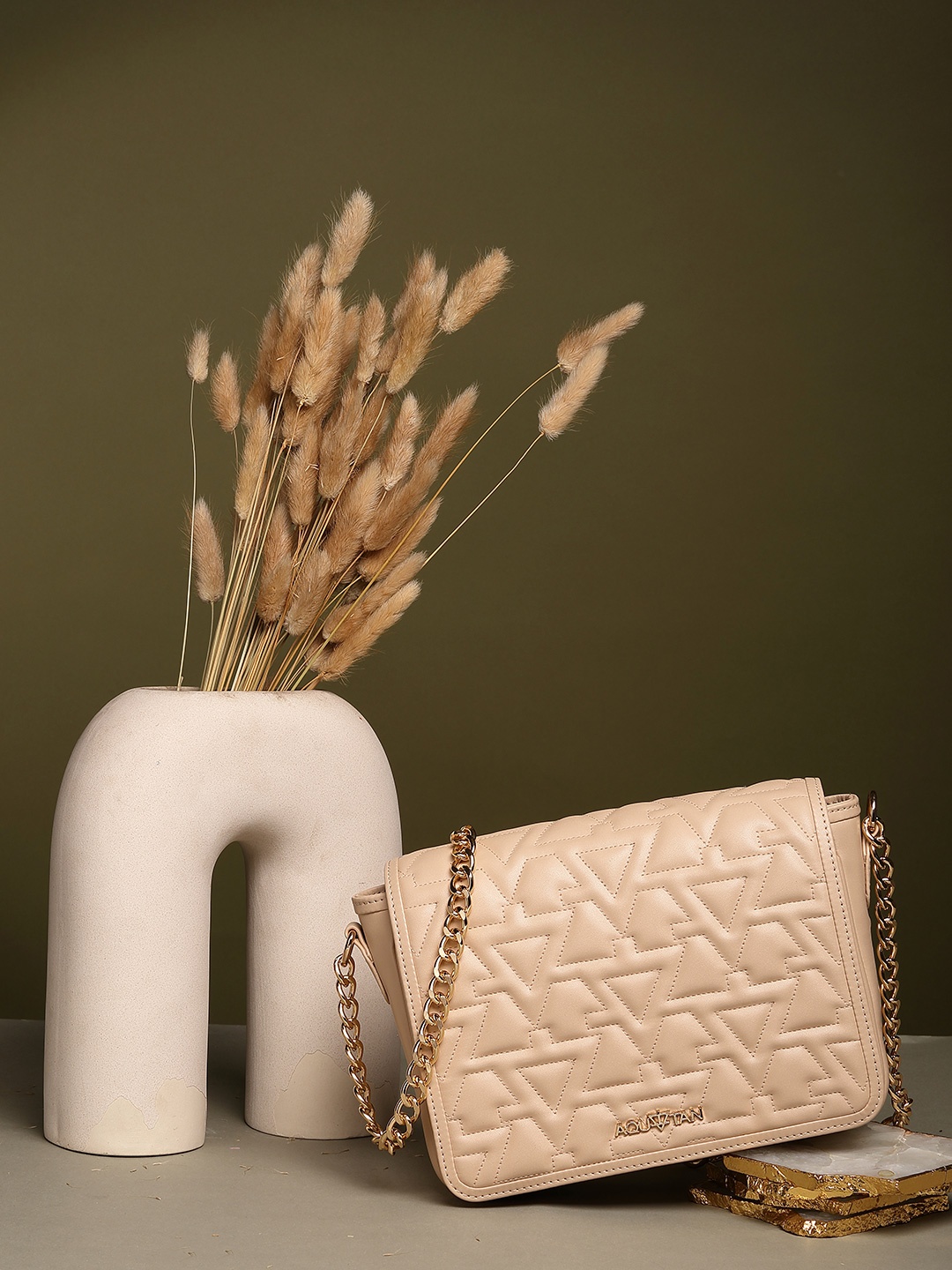 

AQUATAN Textured PU Structured Sling Bag with Quilted, Beige