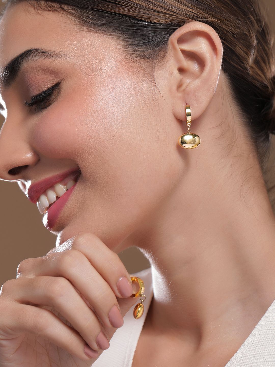 

Rubans 18K Gold Plated Stainless Steel Tarnish-Free Waterproof Oval Demi-Fine Drop Hoops