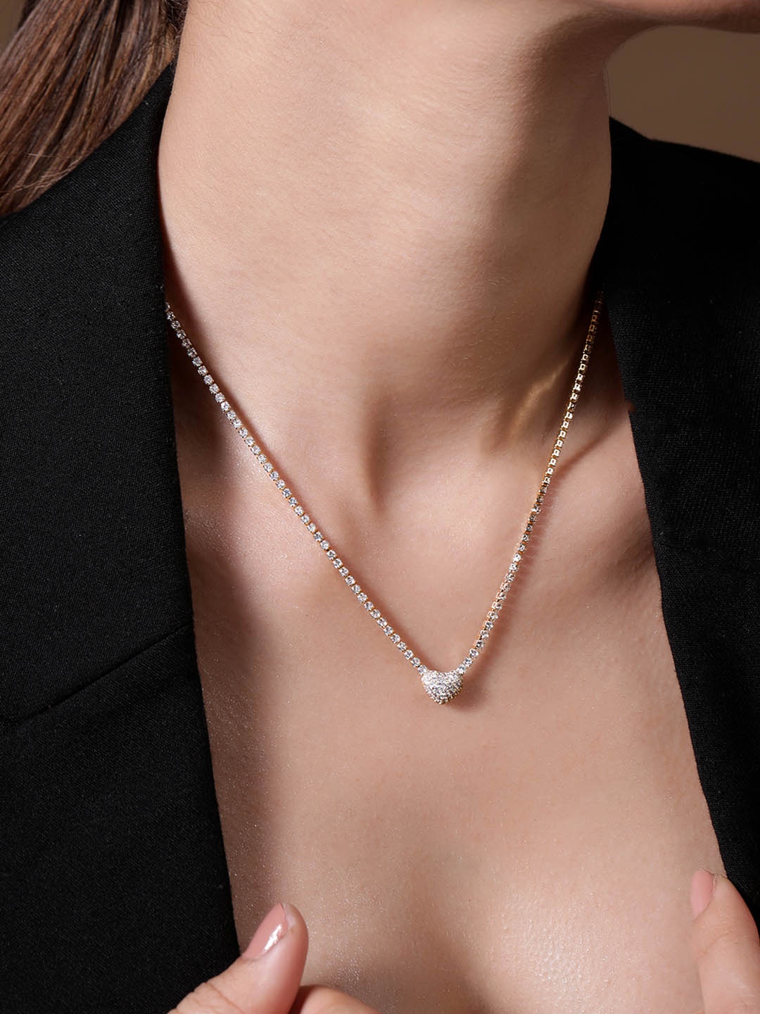 

Rubans 18K Gold Plated Cubic Zirconia Studded Heart Shape Pendant Necklace