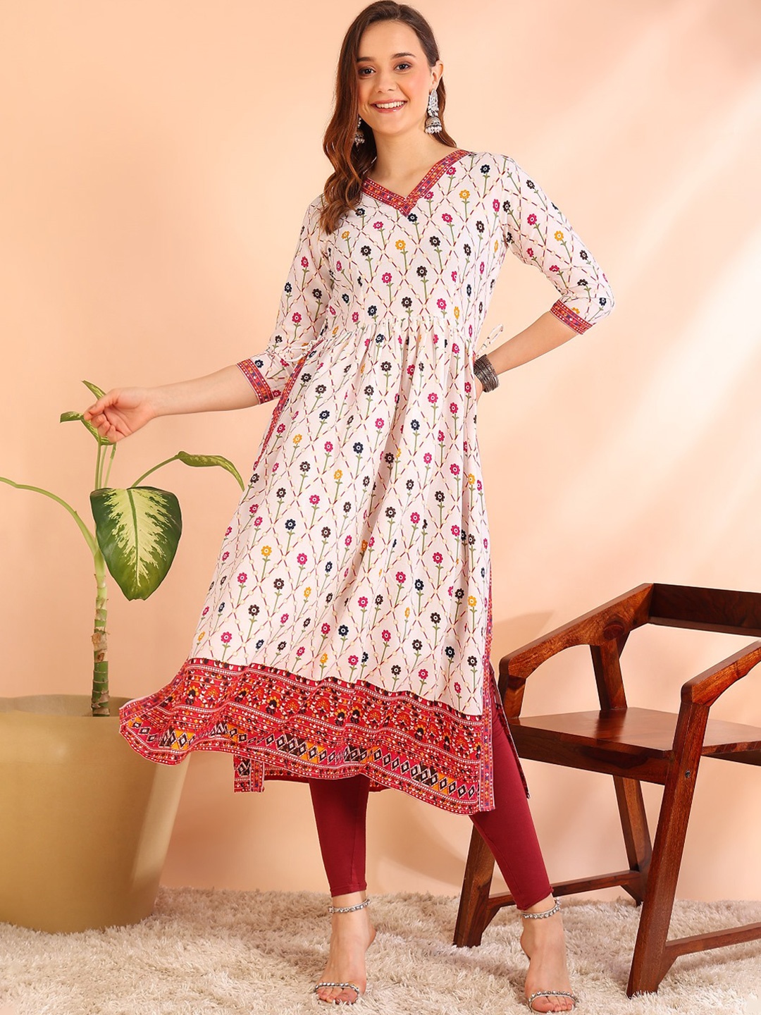 

DSK STUDIO Printed A-line Kurta, Red