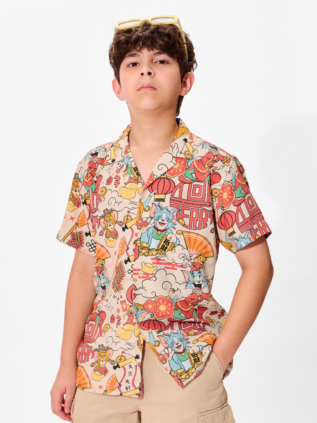 

The Souled Store Boys Cuban Collar Conversational Printed Cotton Casual Shirt, Beige