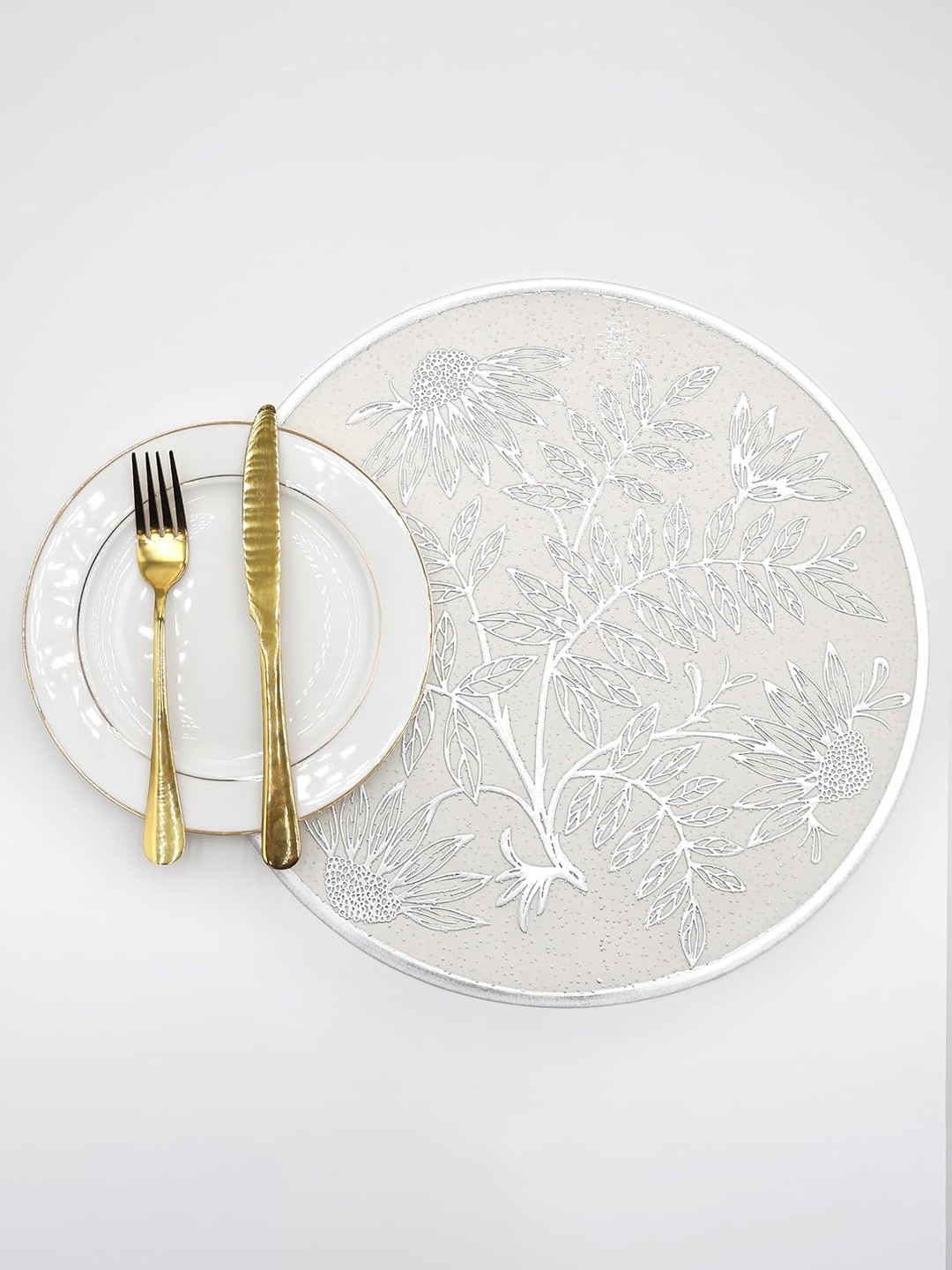 

LooMantha SilverToned and White 6 Pcs Floral Table Placemats, Silver