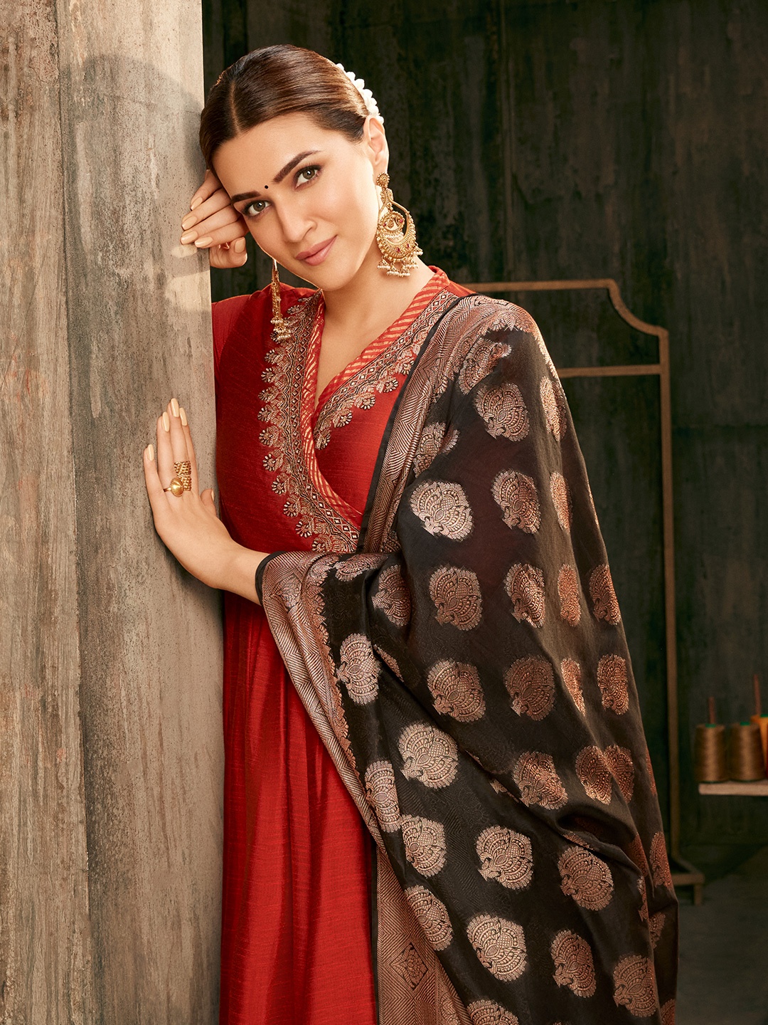 

Biba Floral Yoke Design Angrakha Anarkali Kurta With Palazzos & Dupatta, Brown