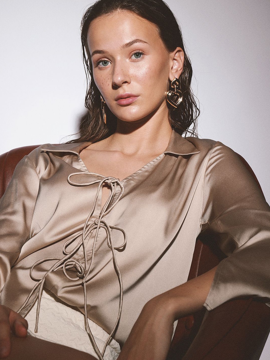 

H&M Lace Up Satin Top, Beige