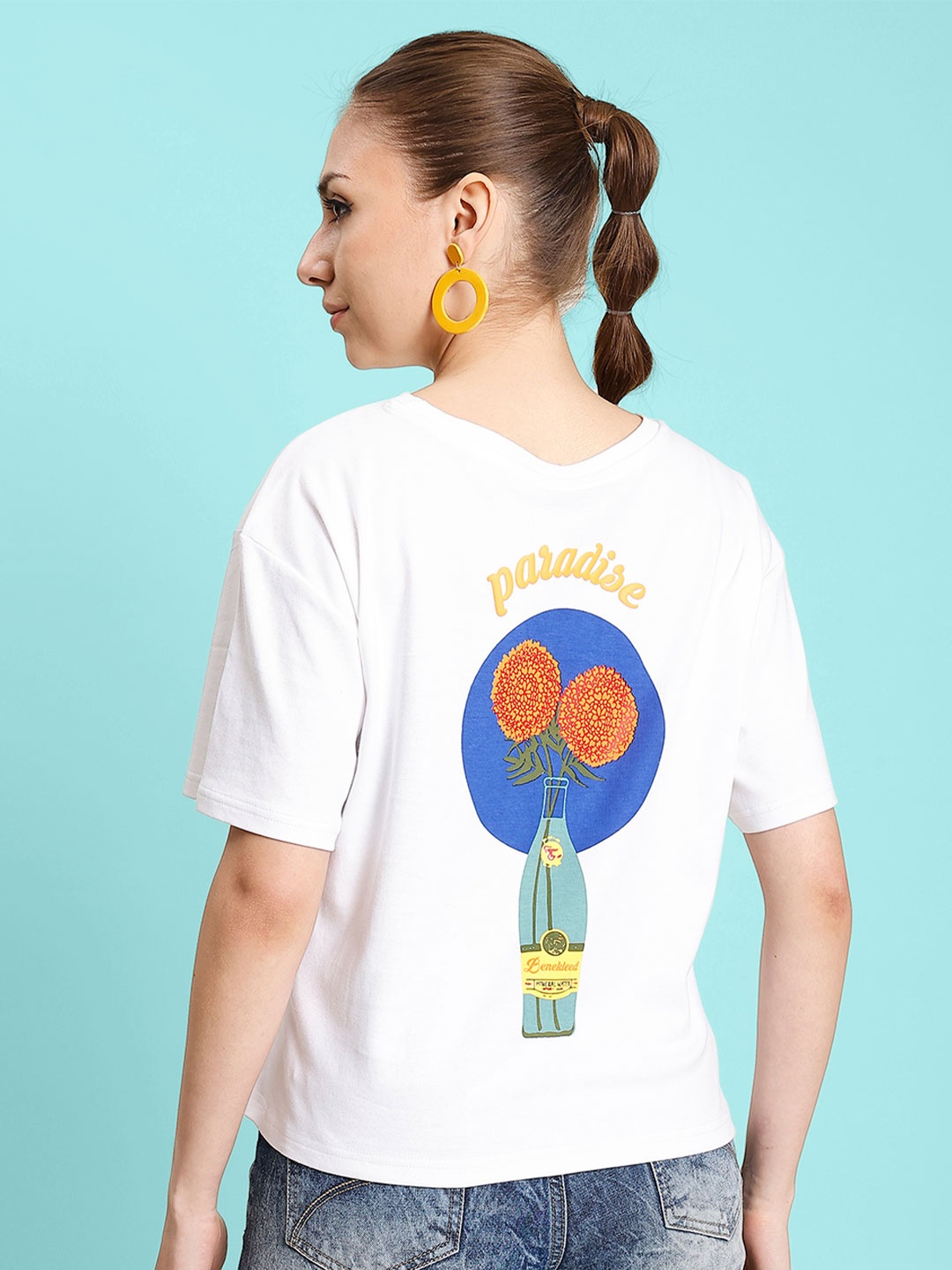 

Bene Kleed Women Graphic Printed Round Neck Cotton Boxy T-Shirt, White