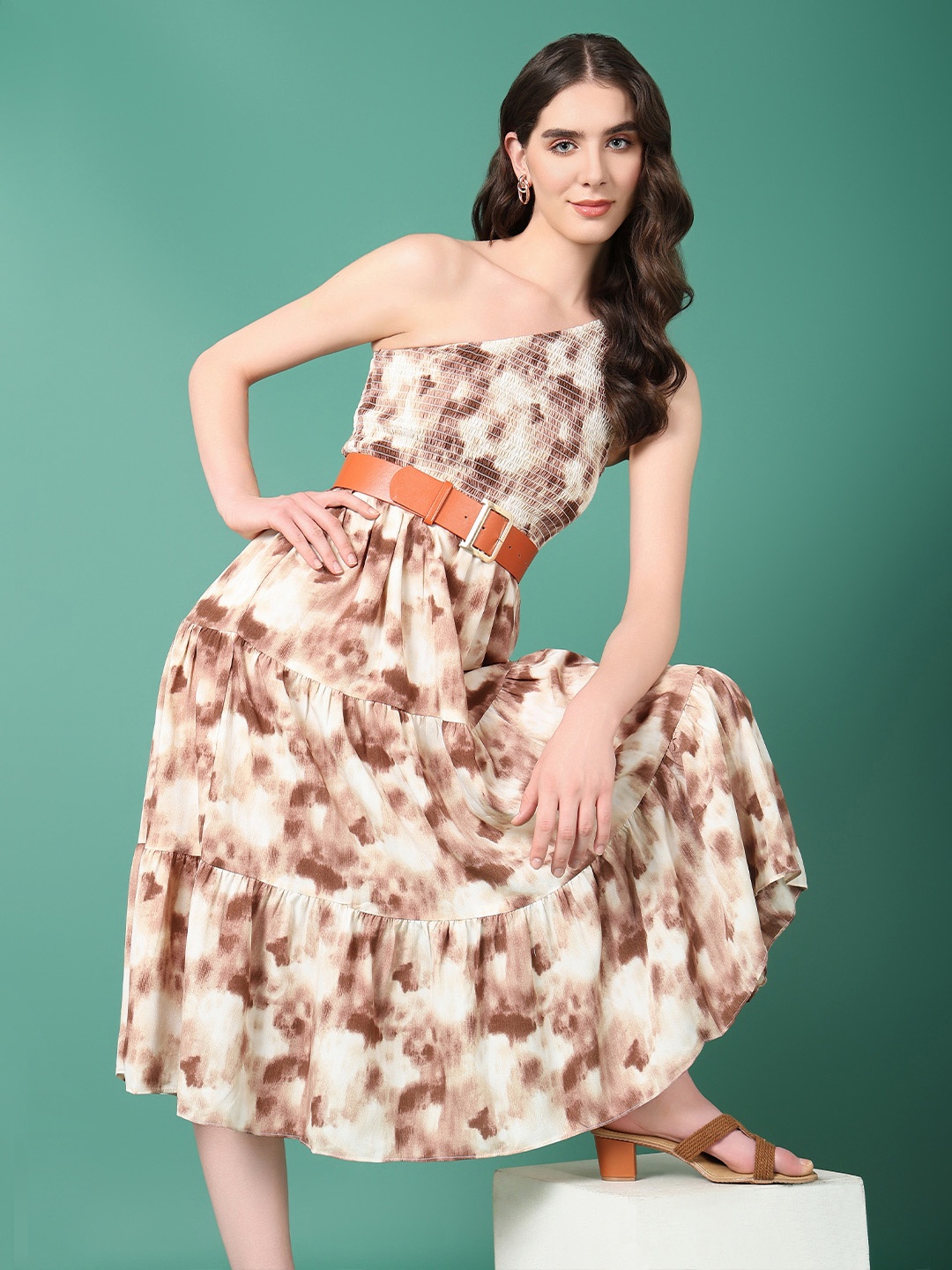 

SHOWOFF Chiffon Abstract Dyed Cowl Neck Sleeveless Maxi Dress, Beige