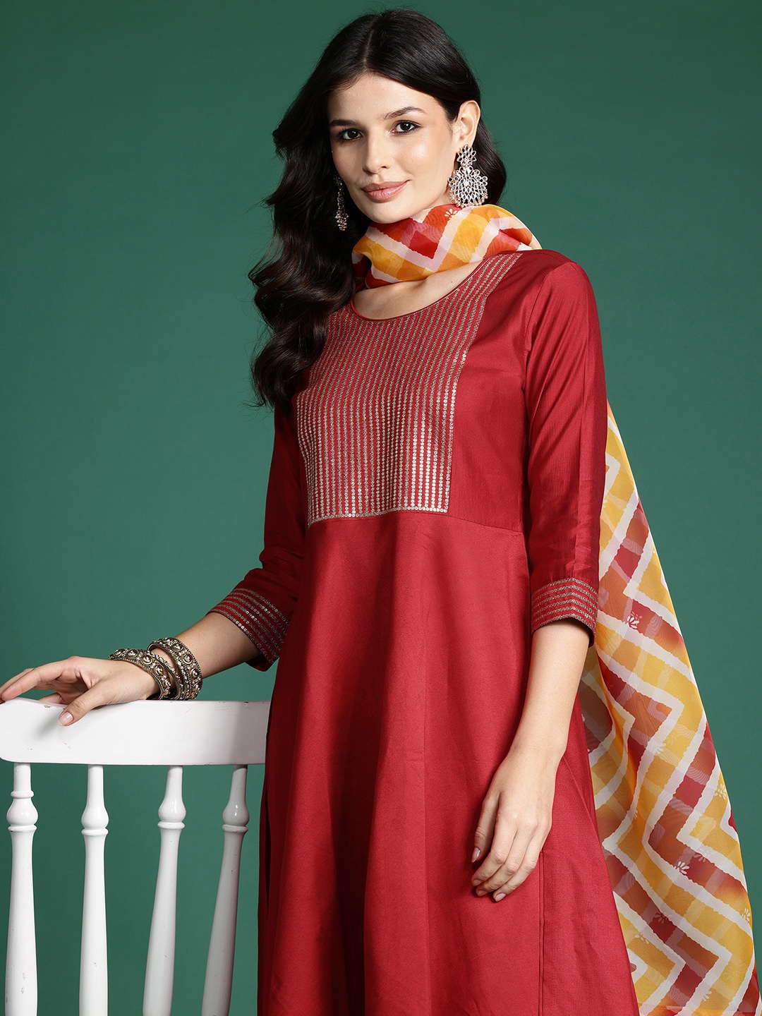 

Indo Era Empire Sequinned Liva Kurta with Trousers & With Dupatta, Red