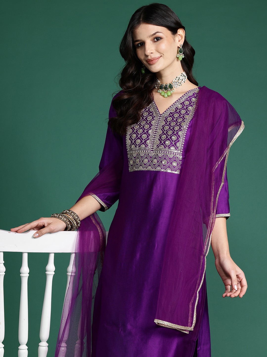 

Indo Era Floral Sequinned Liva Kurta with Trousers & With Dupatta, Purple