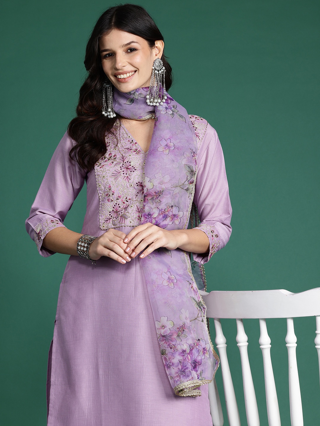 

Indo Era Ethnic Motifs Embroidered Kurta with Trousers & With Dupatta, Purple