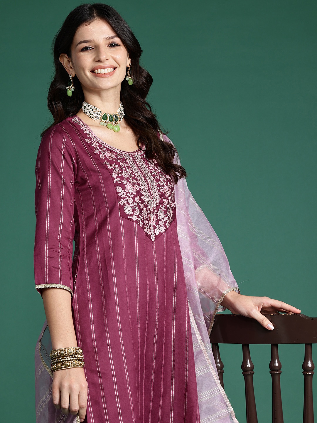 

Indo Era Embroidered Thread Work Liva Kurta with Trousers & With Dupatta, Burgundy