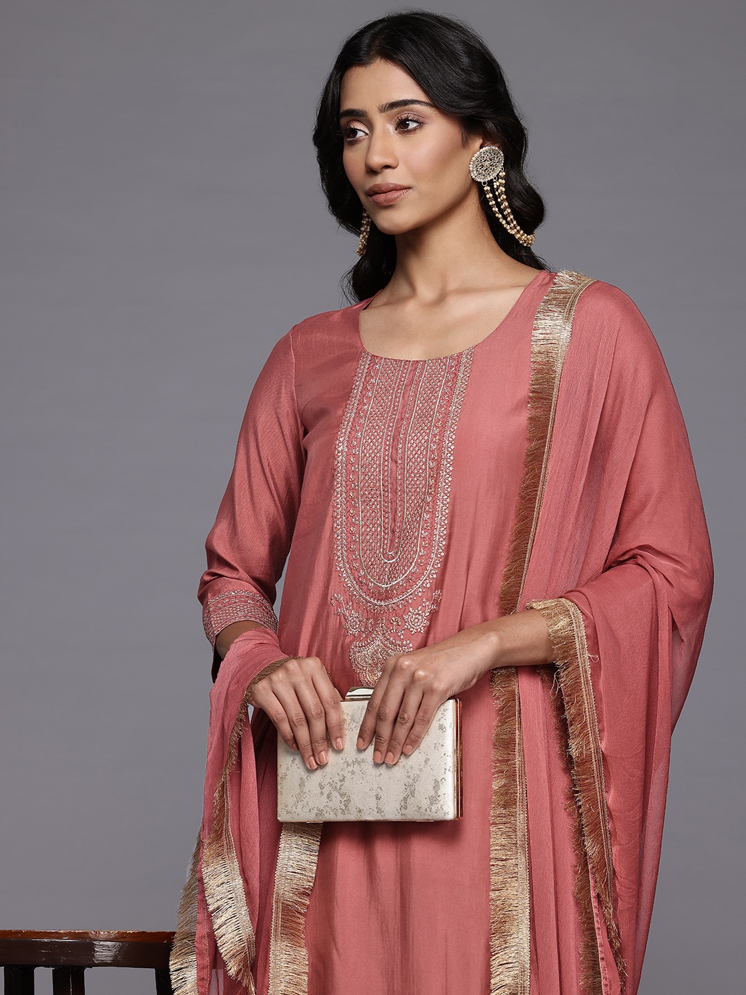

Varanga Ethnic Motifs Embroidered Regular Kurta with Trousers & With Dupatta, Coral
