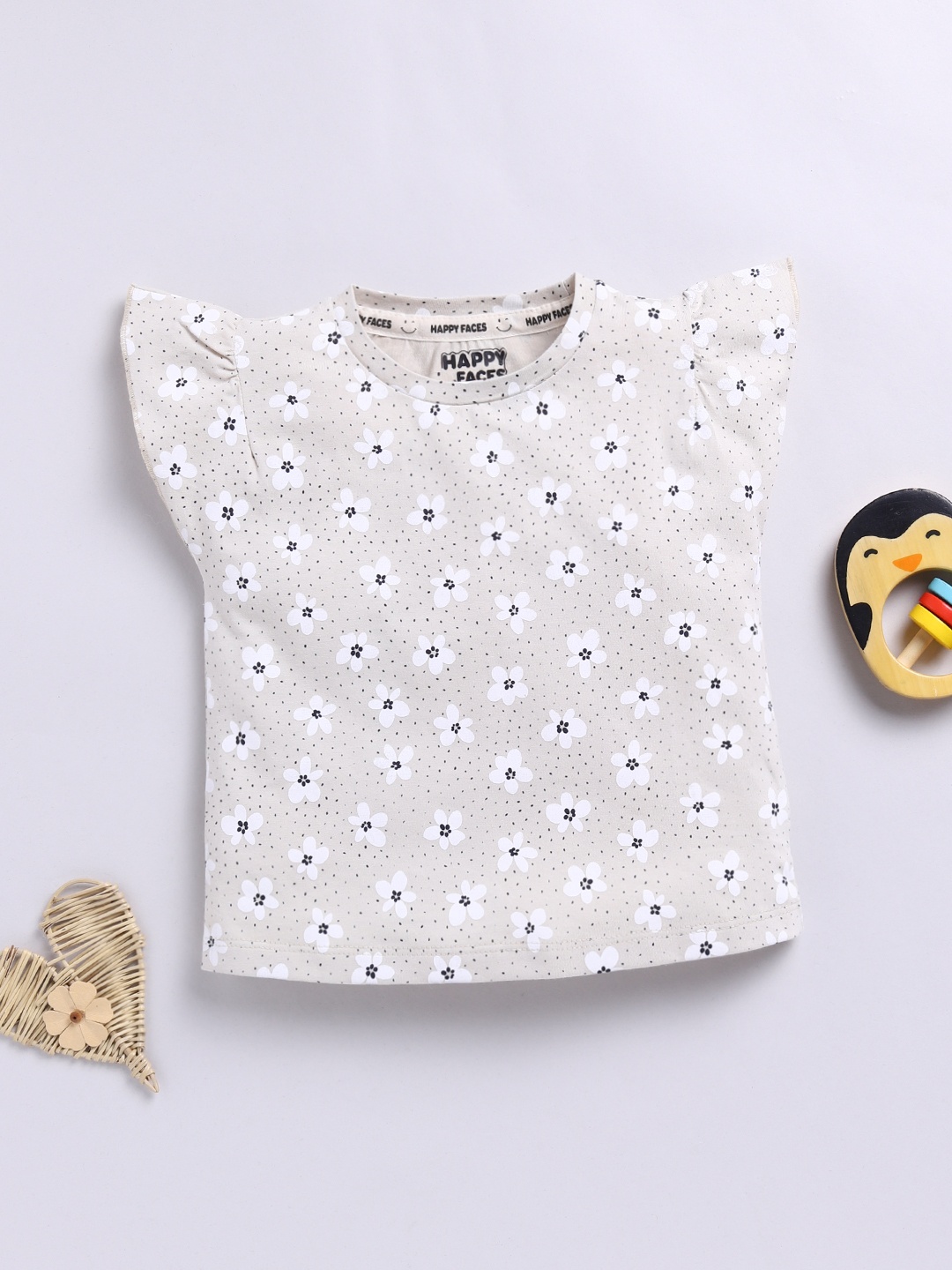 

Happy Faces Girls Floral Printed Pure Cotton T-shirt, Grey