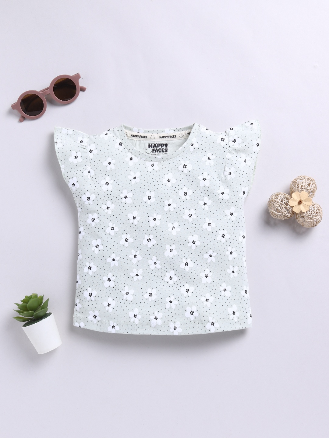 

Happy Faces Girls Floral Print Flutter Sleeve Pure Cotton Top, Green