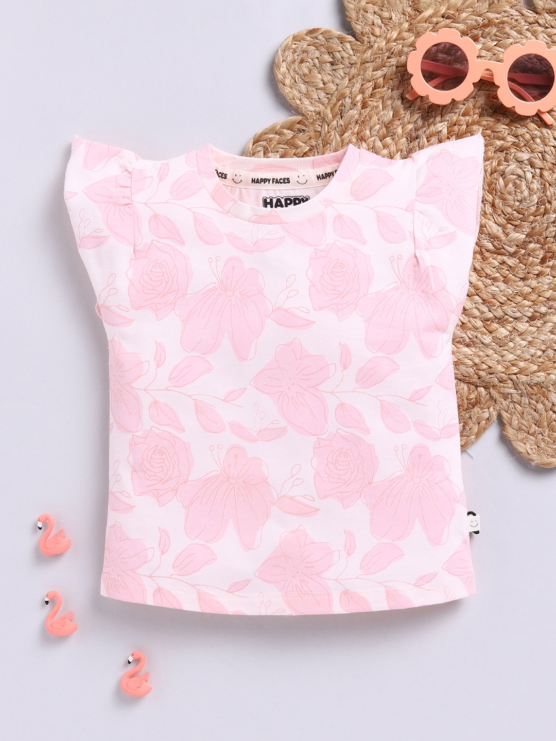 

Happy Faces Girls Floral Print Flutter Sleeve Pure Cotton Top, Pink