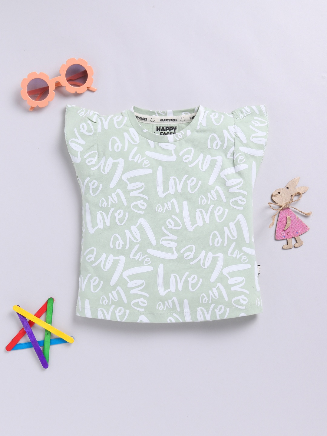 

Happy Faces Girls Printed Flutter Sleeve Pure Cotton Top, Green