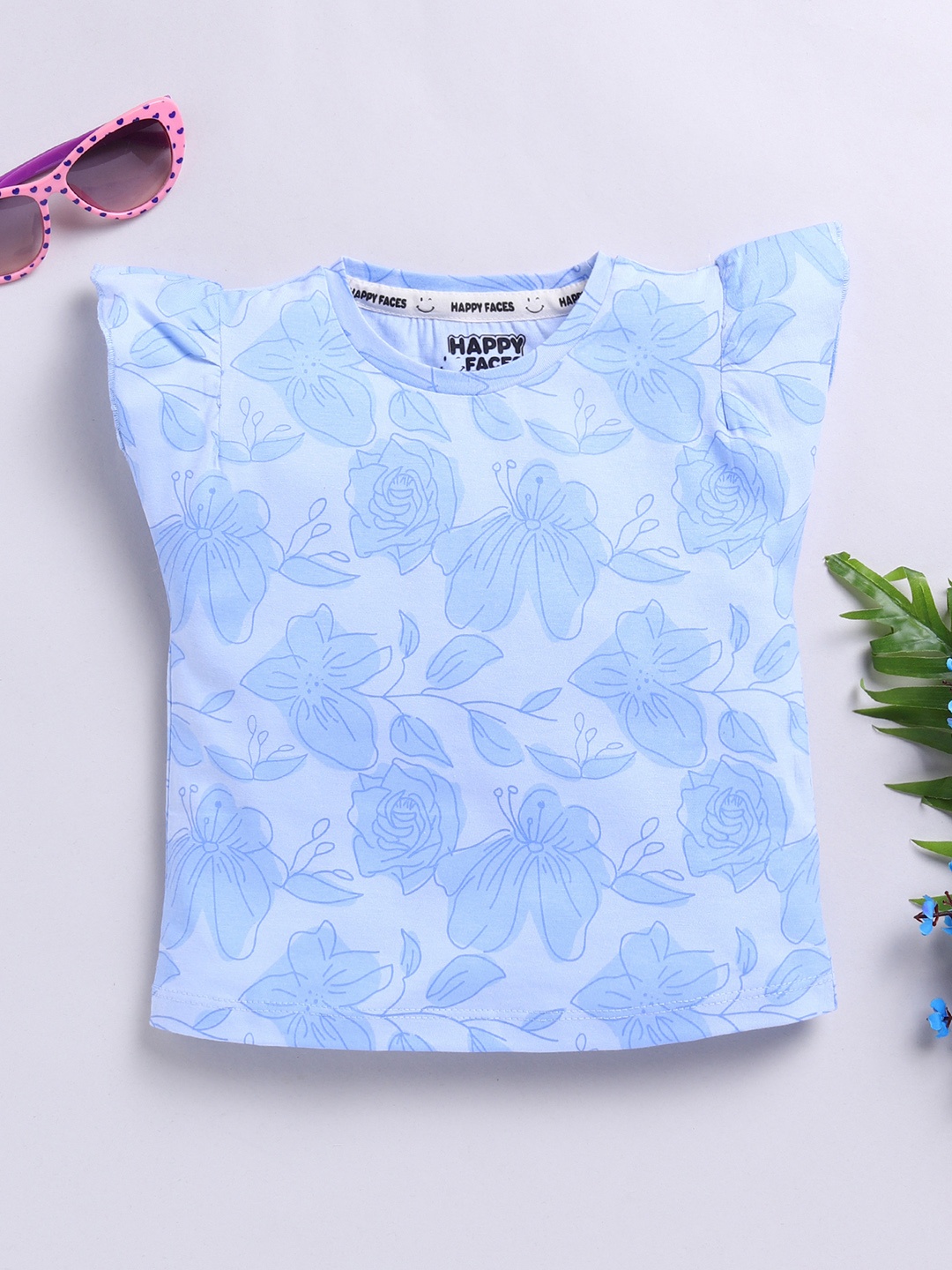

Happy Faces Girls Floral Print Flutter Sleeve Pure Cotton Top, Blue