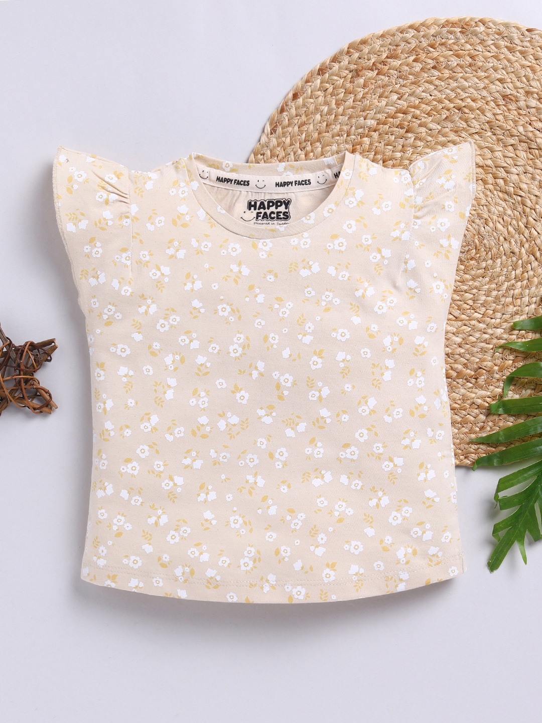 

Happy Faces Girls Floral Print Flutter Sleeve Pure Cotton Top, Beige