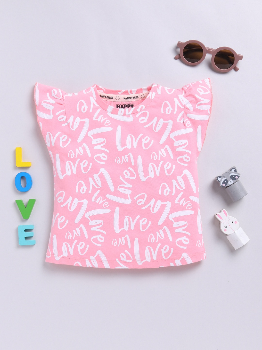 

Happy Faces Girls Printed Flutter Sleeve Pure Cotton Top, Pink