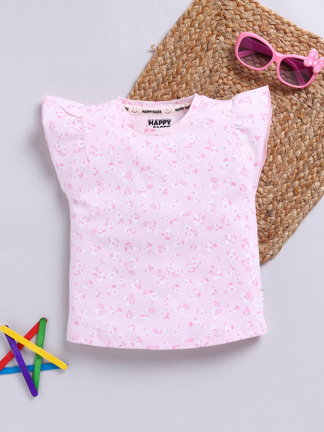 

Happy Faces Girls Floral Print Flutter Sleeve Pure Cotton Top, Pink