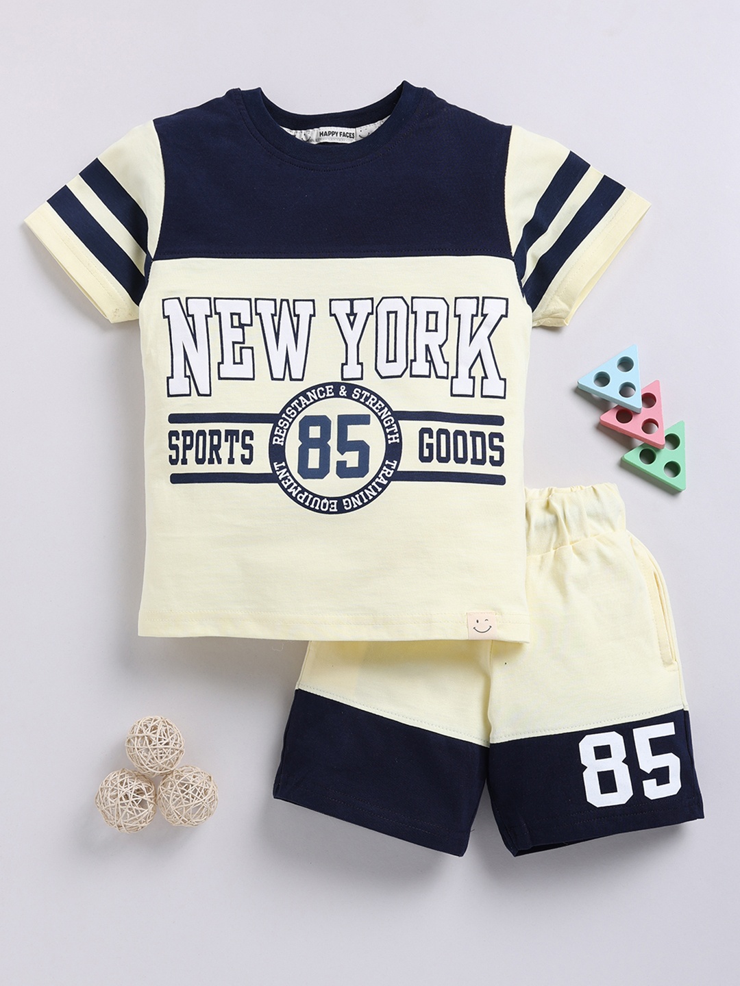 

Happy Faces Boys Pure Cotton Printed T-shirt with Shorts, Yellow