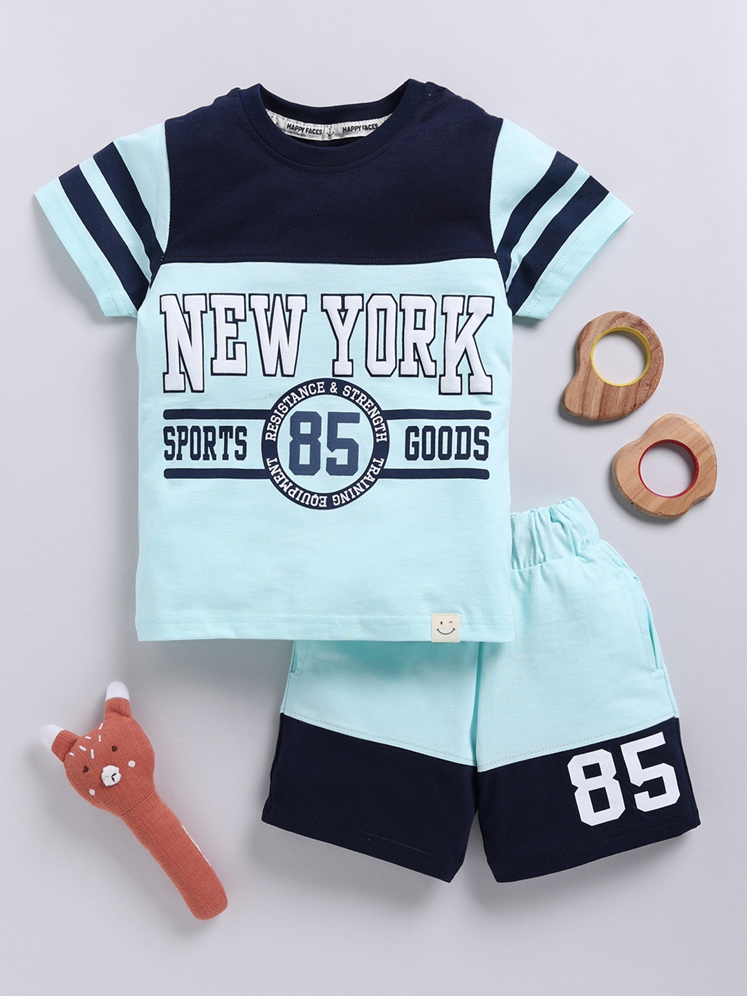 

Happy Faces Boys Pure Cotton Printed T-shirt with Shorts, Blue