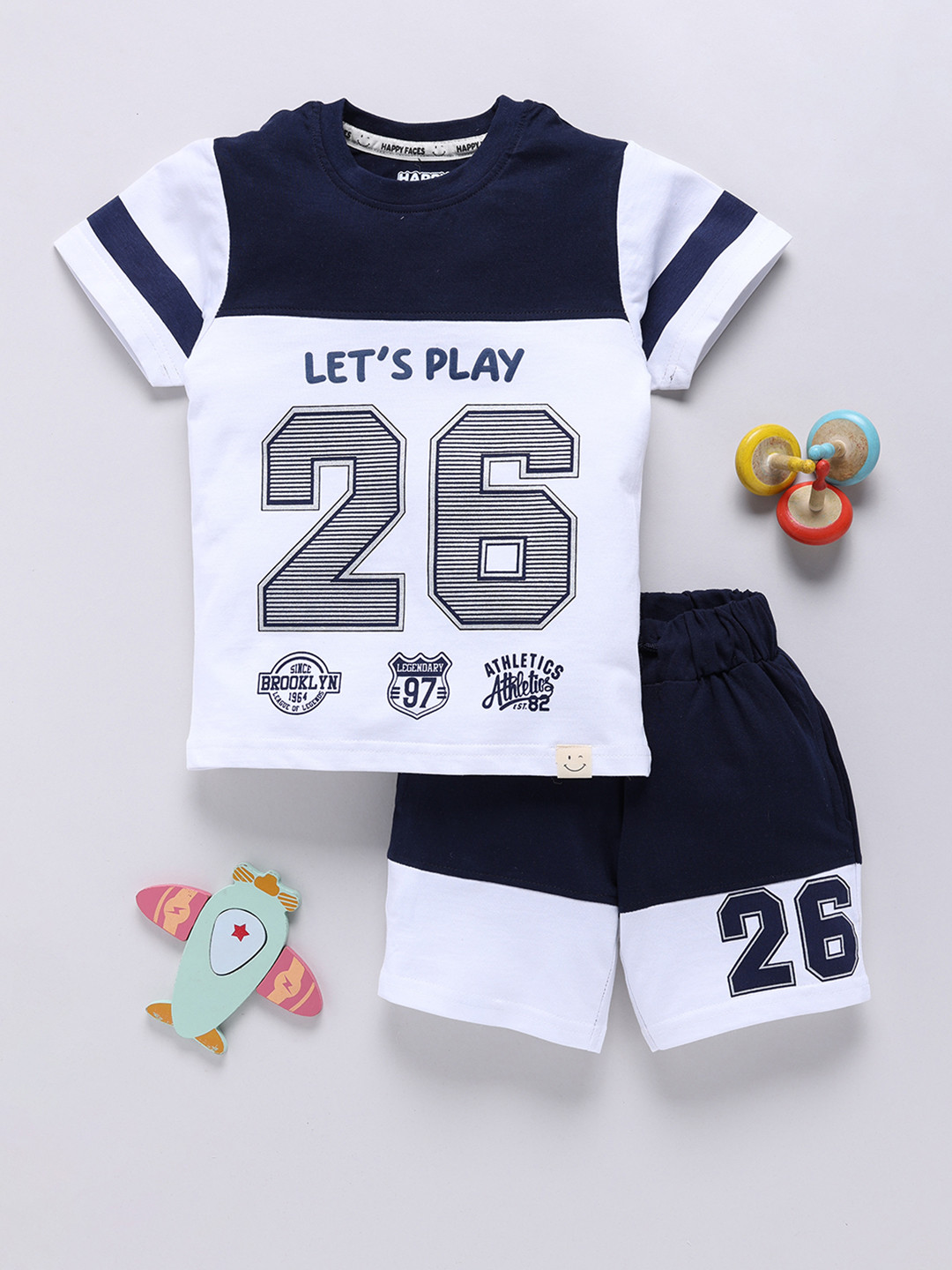 

Happy Faces Boys Pure Cotton Printed T-shirt with Shorts, White